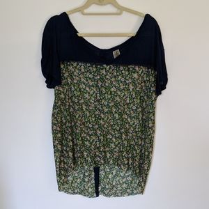 Free People Navy Floral Sheer Button Back Top